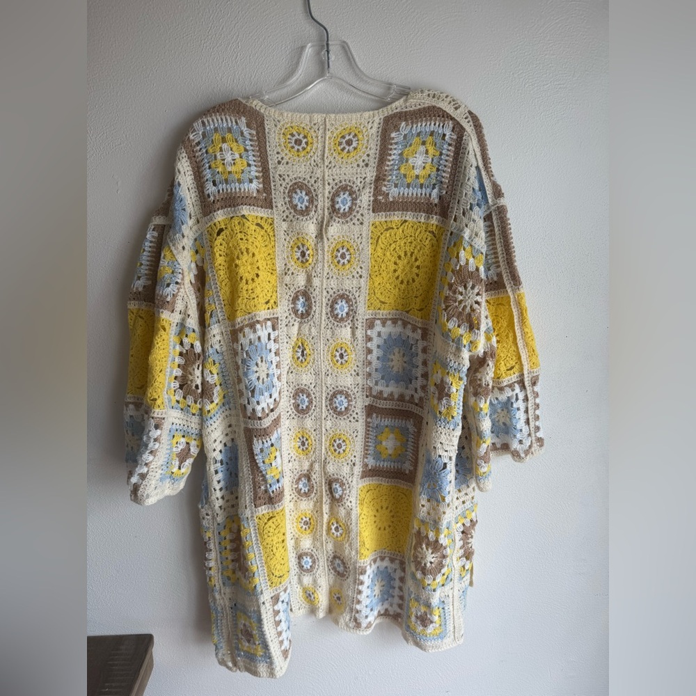 POL Crochet Patchwork Cardigan Sweater - Yellow, Cream & Baby Blue - Picture 4 of 10